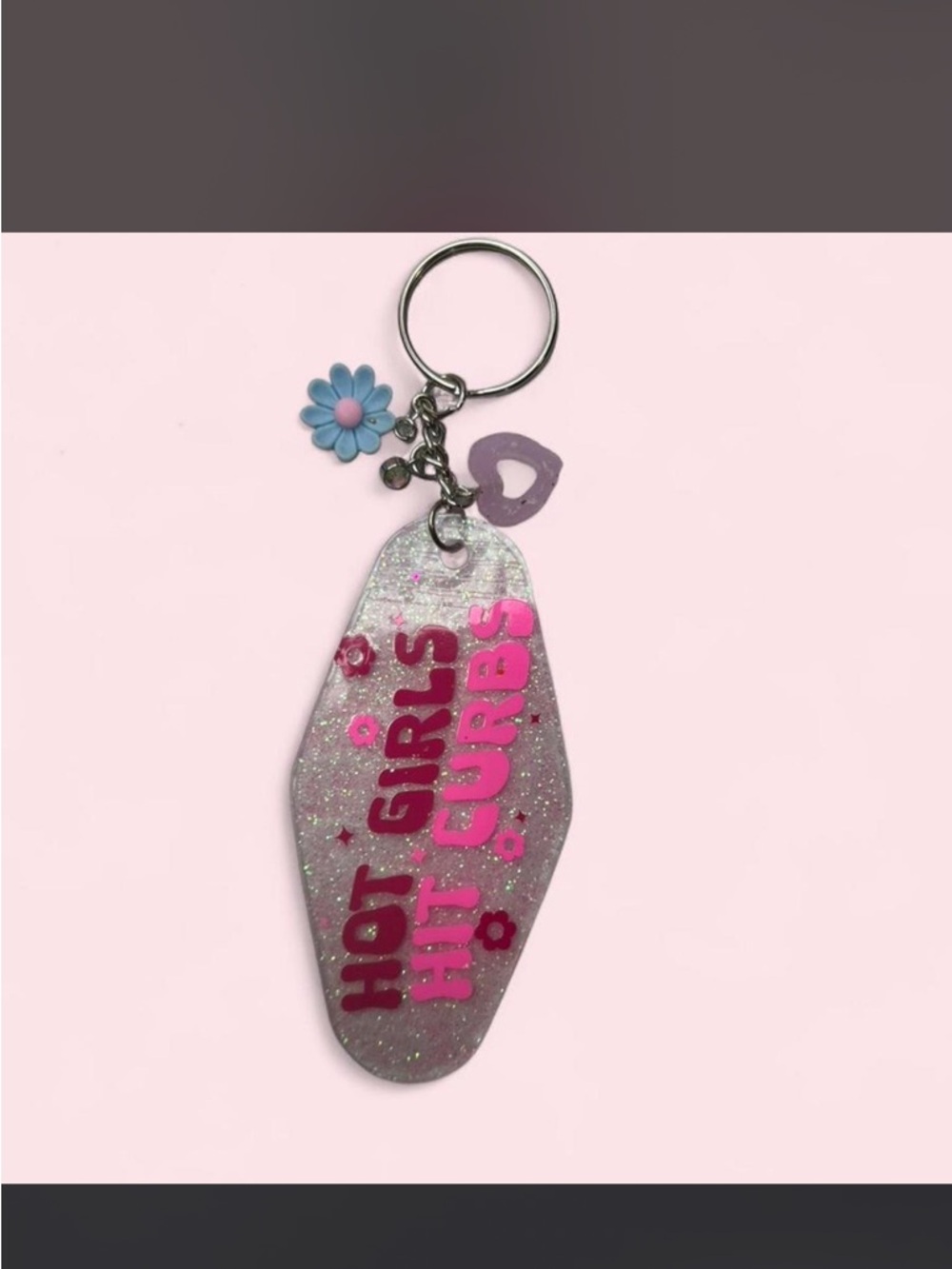 Glitter 'Hot Girls Hit Curbs' Motel Keychain - Pink & Silver